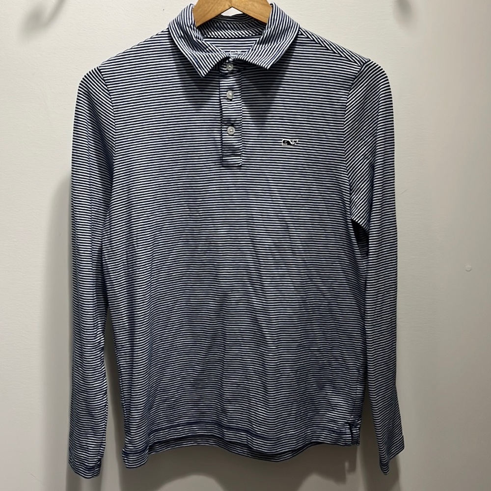 Vineyard Vines Boys Large (16) Long Sleeve Blue and White Striped Edgartown Polo